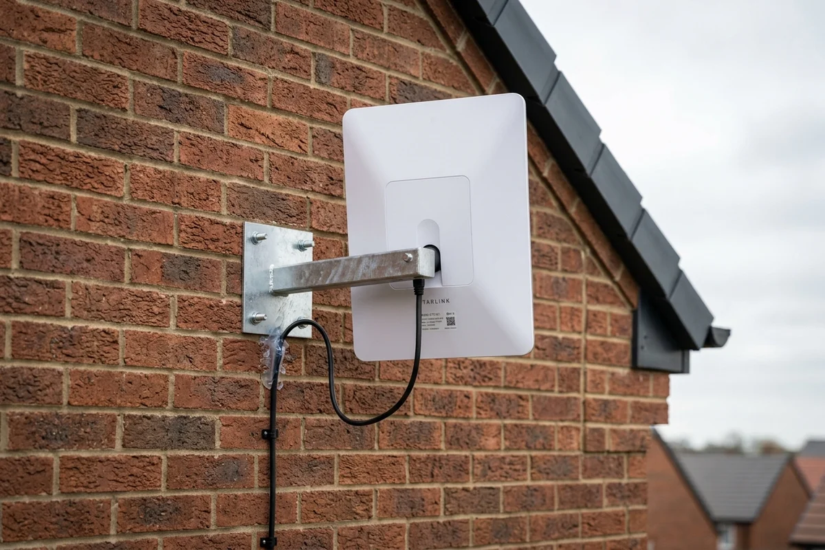 Starlink dish on roof in Ingleby Barwick on brick chimney with non-drill lashing cradle overlooking town