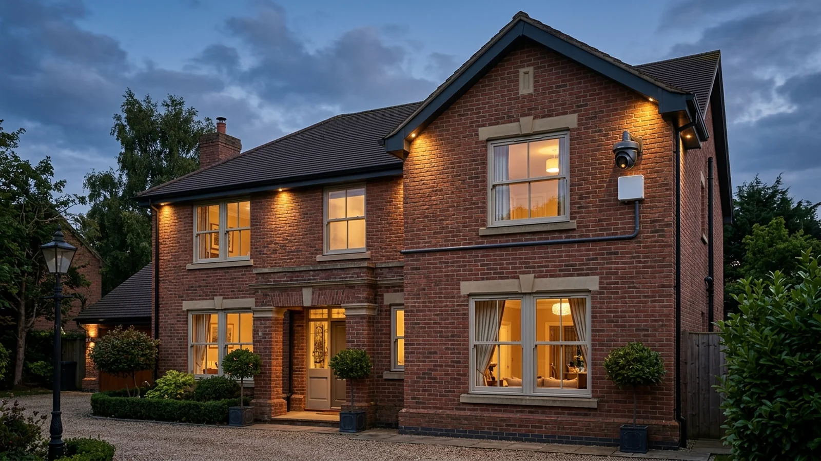 Professional commercial IP CCTV turret camera neatly installed on an executive British home under dark fascia.