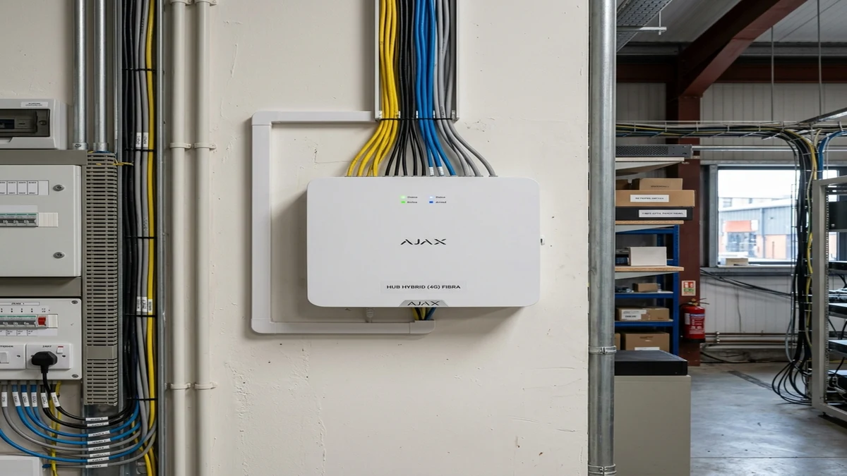 Commercial communications rack housing Ajax Hub Hybrid with neatly laced 4-core bus lines in Garforth