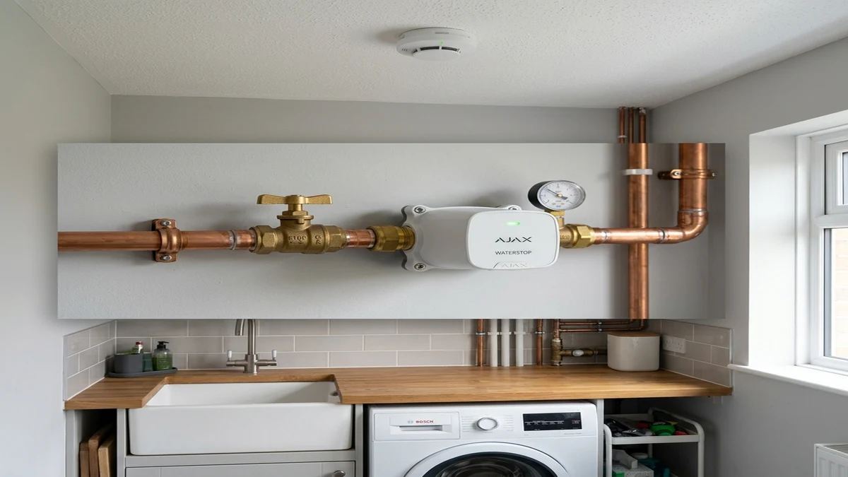 Ajax FireProtect 2 ceiling smoke detector and WaterStop electric smart shutoff valve installed cleanly on copper plumbing in a Garforth home