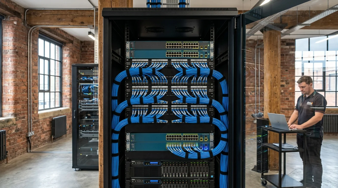 Commercial server rack and patch panel cabling installation in Leeds