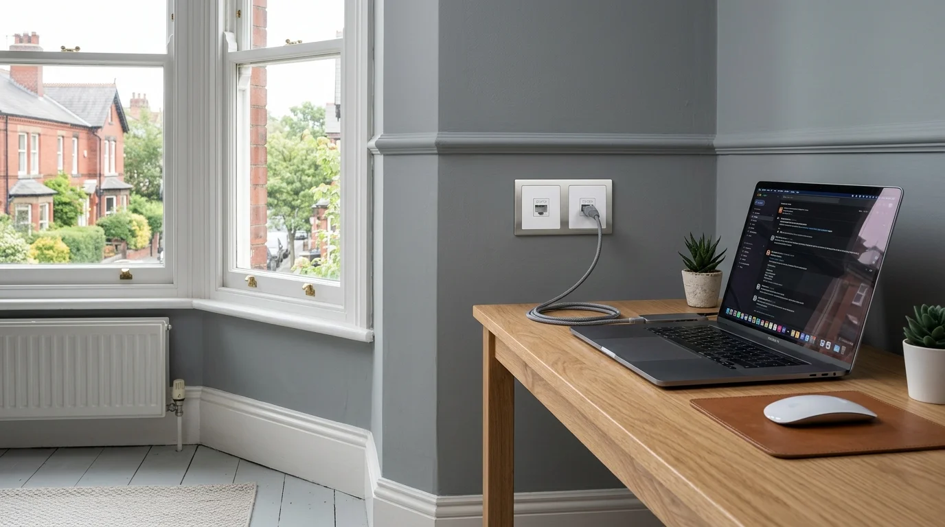 Domestic home network cabling with clean flush-mounted Ethernet wall sockets in a Leeds home