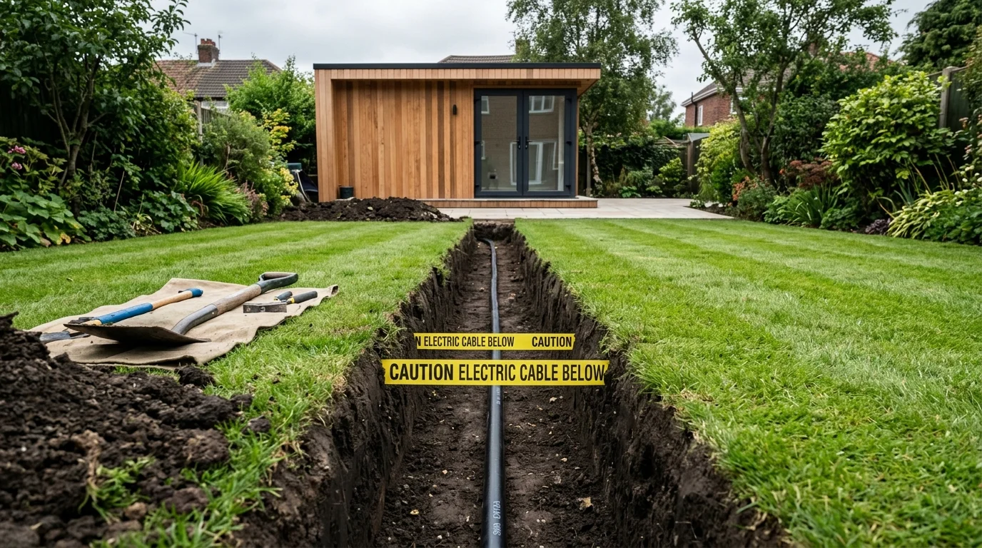 Armoured network cable trenching to garden office in Leeds