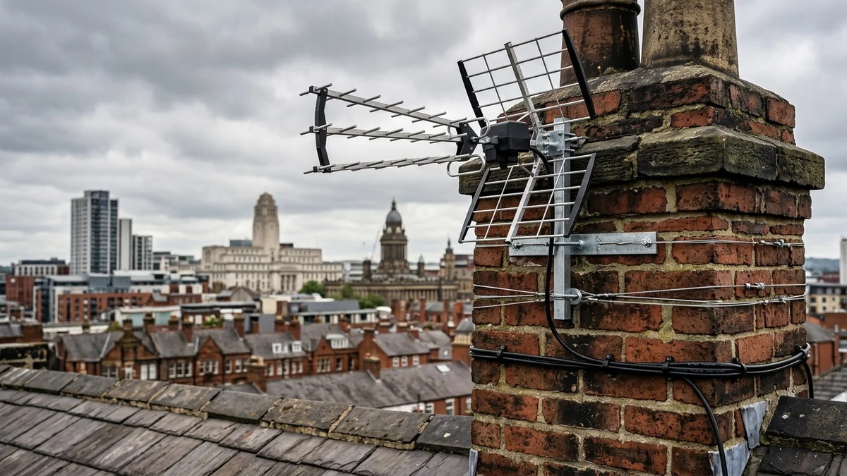 Professional digital TV aerial installation in Leeds with high-gain benchmark aerial and heavy-duty storm bracket