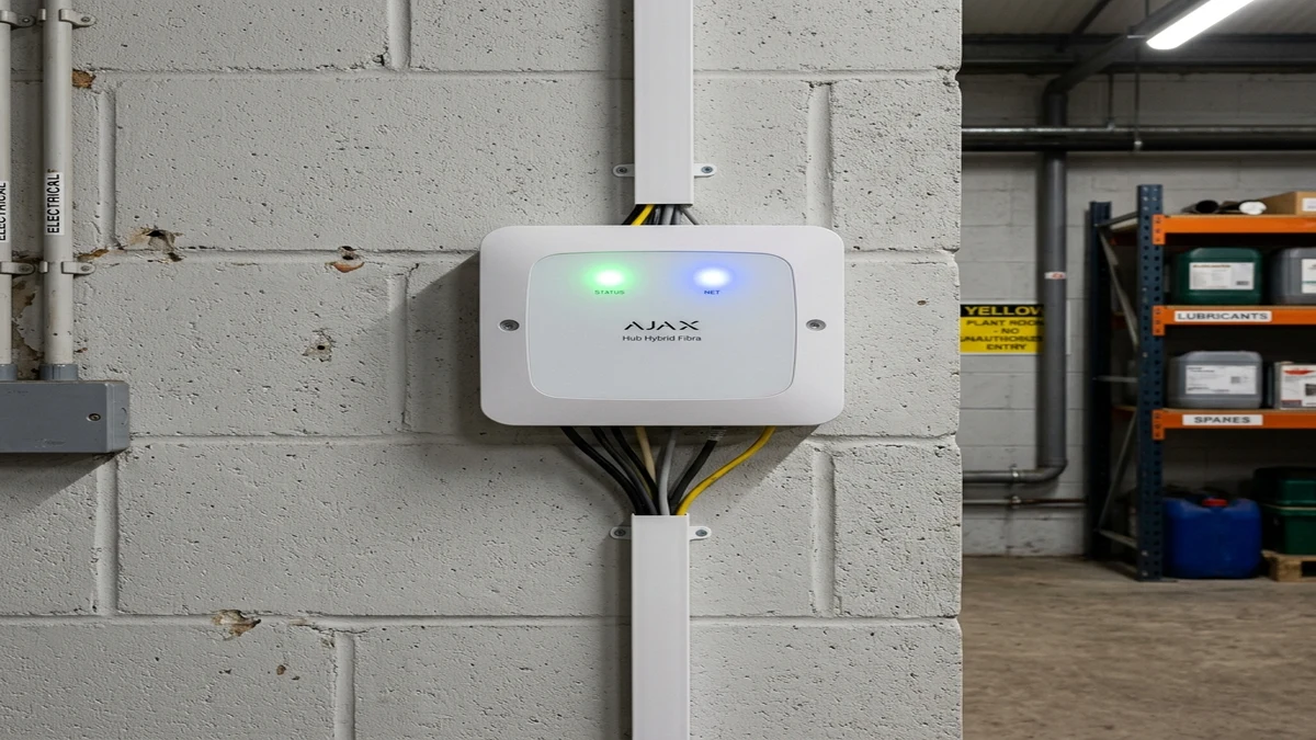 Commercial communications rack housing Ajax Hub Hybrid with neatly laced 4-core bus lines in Nettleham