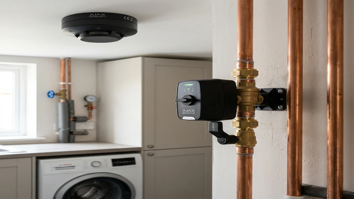 Ajax FireProtect 2 ceiling smoke detector and WaterStop electric smart shutoff valve installed cleanly on copper plumbing in a Nettleham home