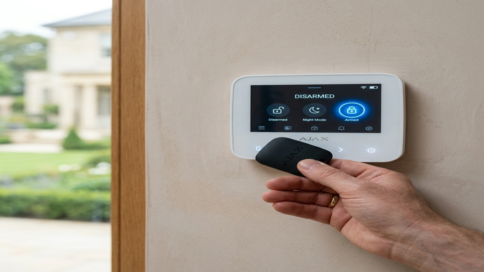 Ajax MotionCam Outdoor wireless detector mounted on weathered Lincoln red brick exterior wall in Nettleham