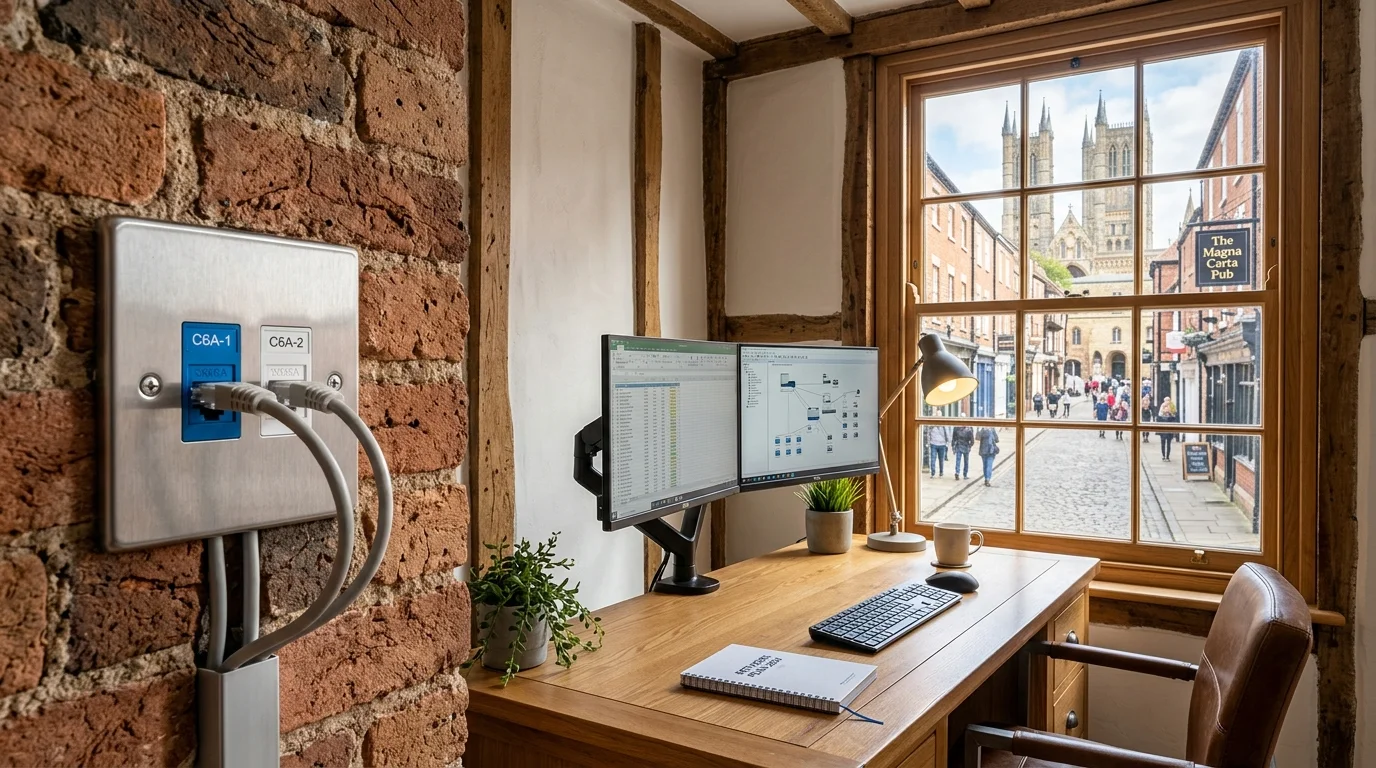 Domestic home network cabling with clean flush-mounted Ethernet wall sockets in a Lincoln home