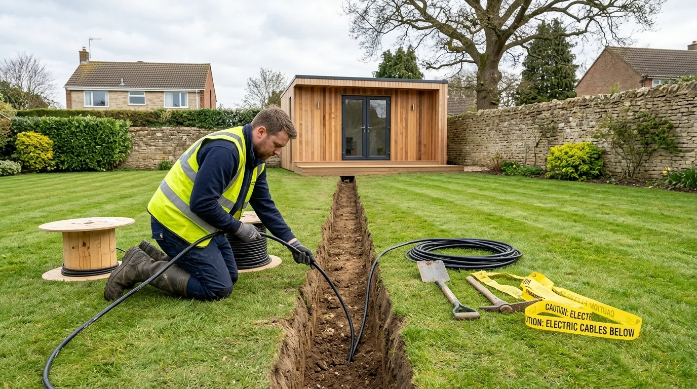 Armoured network cable trenching to garden office in Lincoln