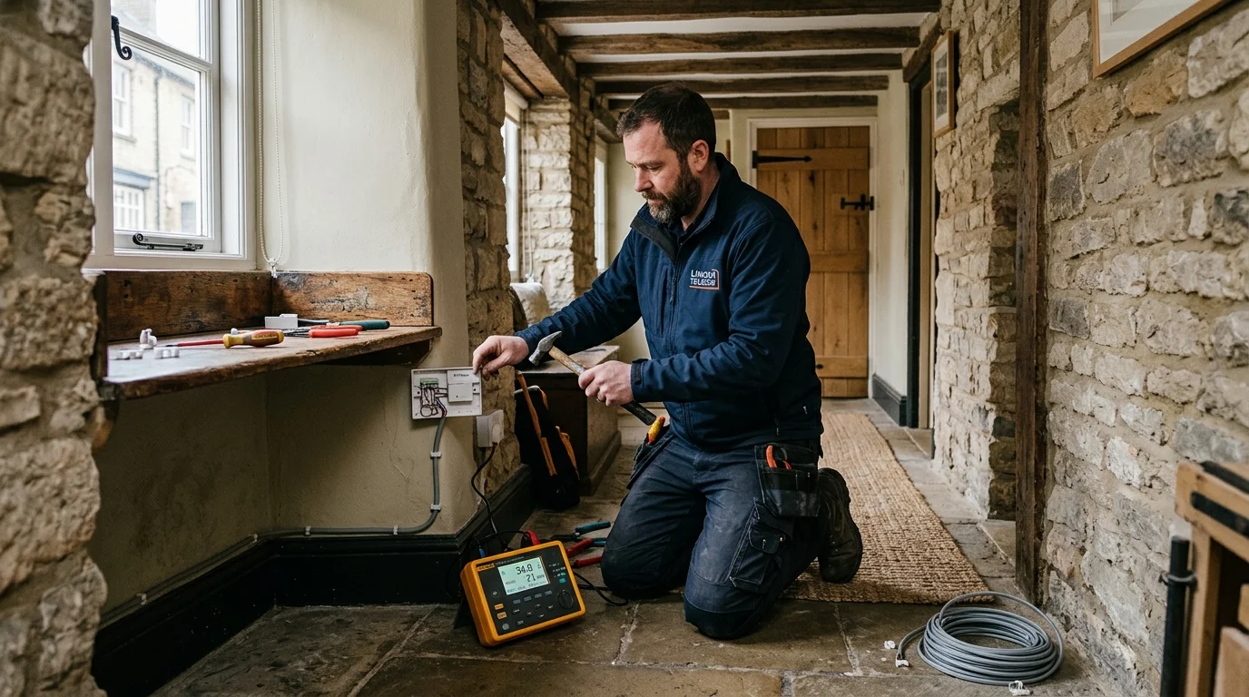 Independent Telephone Engineer testing line resistance in historic limestone cottage in Lincoln LN1