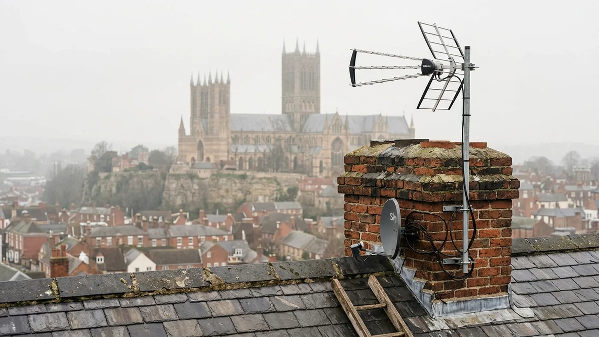 Professional digital TV aerial installation in Ermine on traditional British chimney stack with galvanized Pennine storm brackets