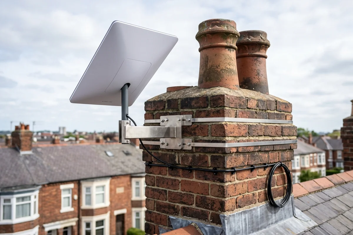 Starlink dish on roof in Linthorpe on brick chimney with non-drill lashing cradle overlooking town