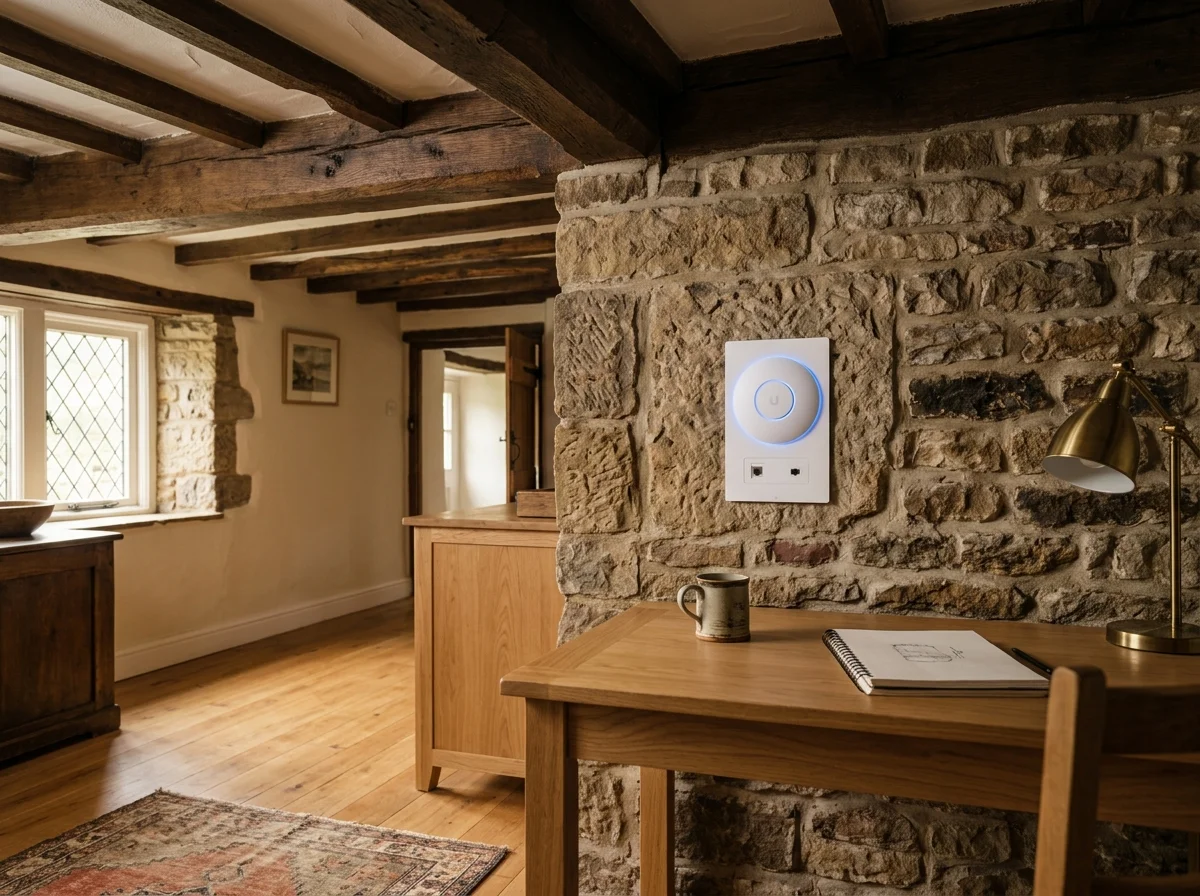 Solid Yorkshire gritstone wall attenuating wireless RF signals in Linthwaite property