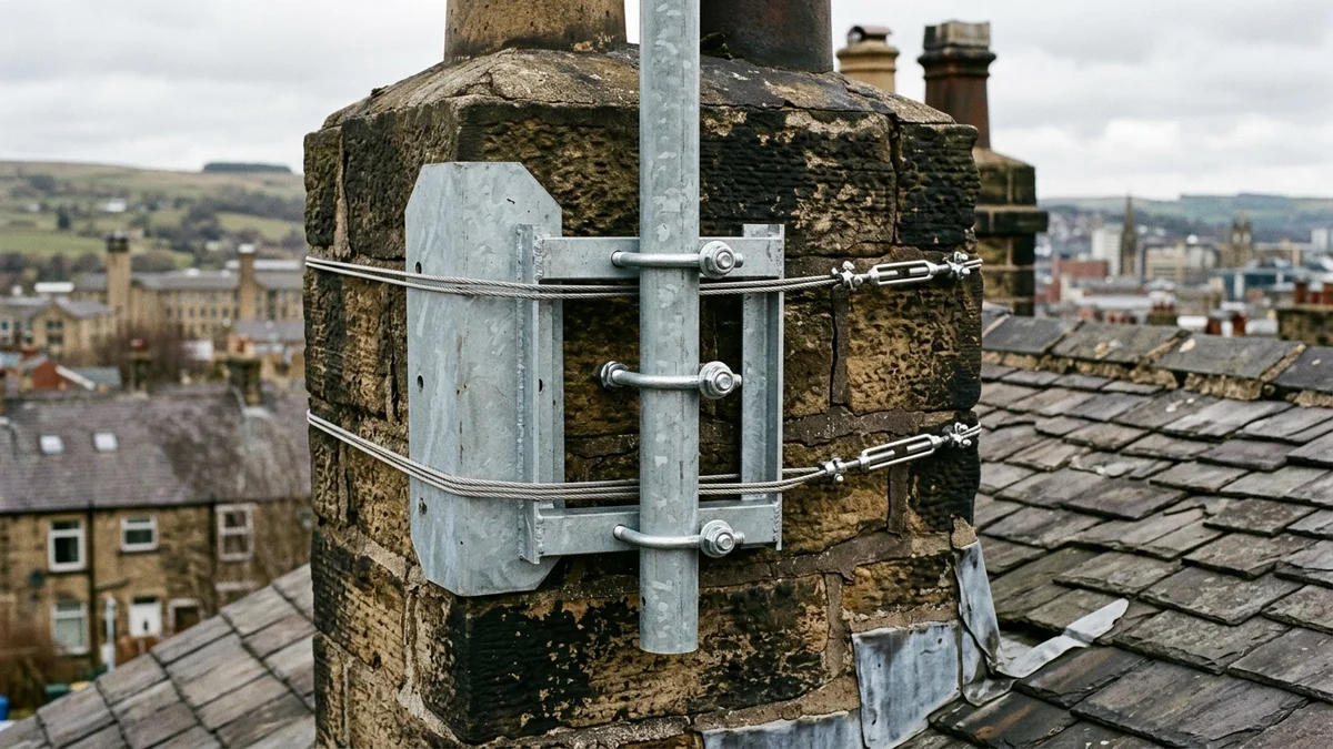 Heavy-duty chimney lashing cradle and mast on Linthwaite stone property
