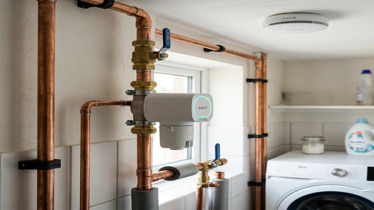 Ajax FireProtect 2 ceiling smoke detector and WaterStop electric smart shutoff valve installed cleanly on copper plumbing in a Liverpool home
