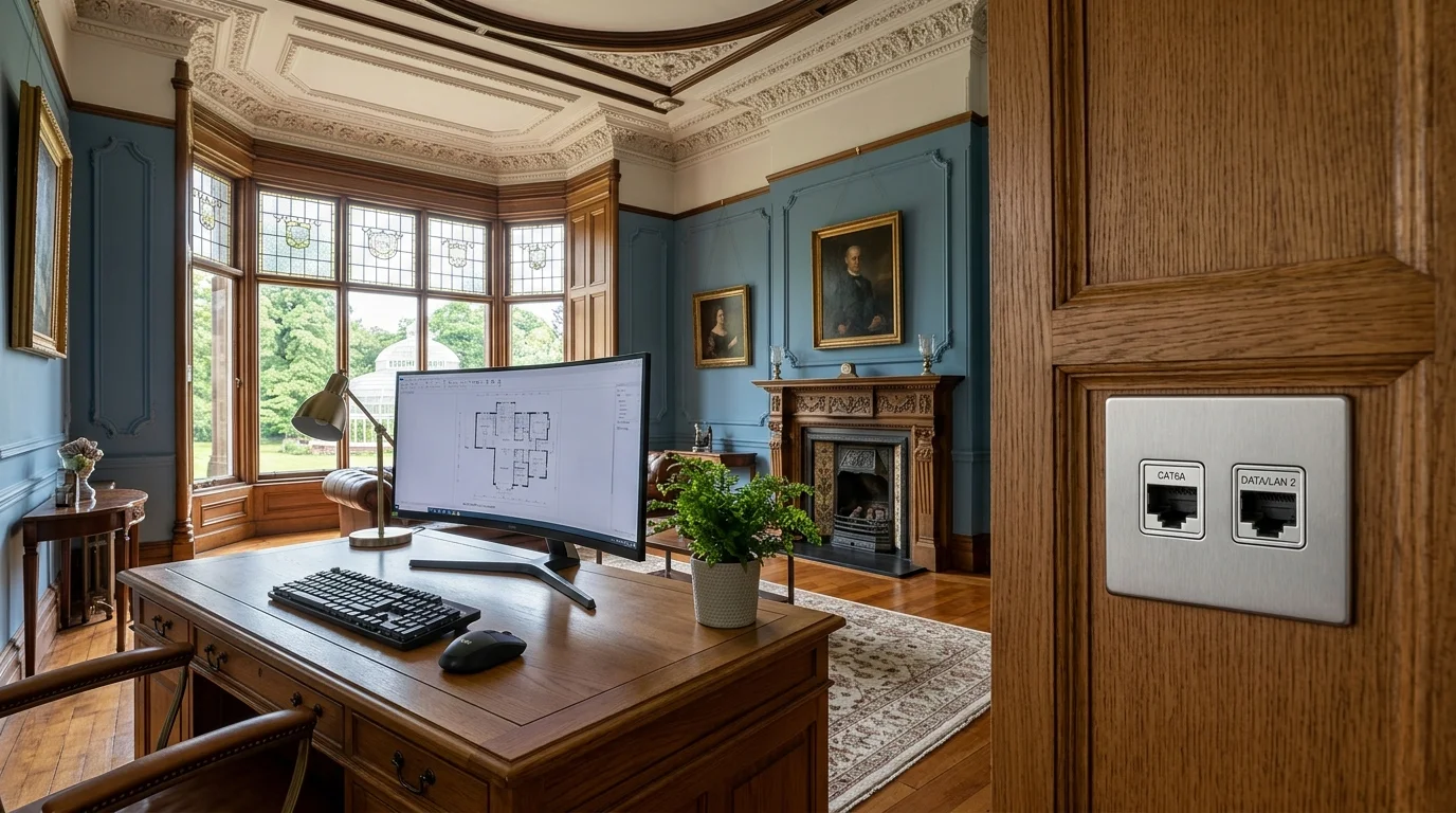 Domestic home network cabling with clean flush-mounted Ethernet wall sockets in a Liverpool home