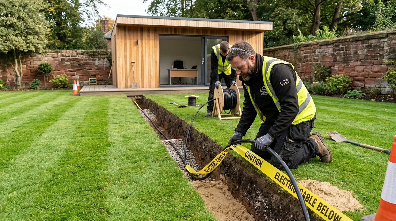 Armoured network cable trenching to garden office in Liverpool