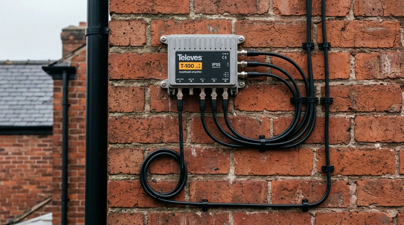 Neatly clipped UV-resistant Cat6a solid copper cable installation along mortar joints in Liverpool