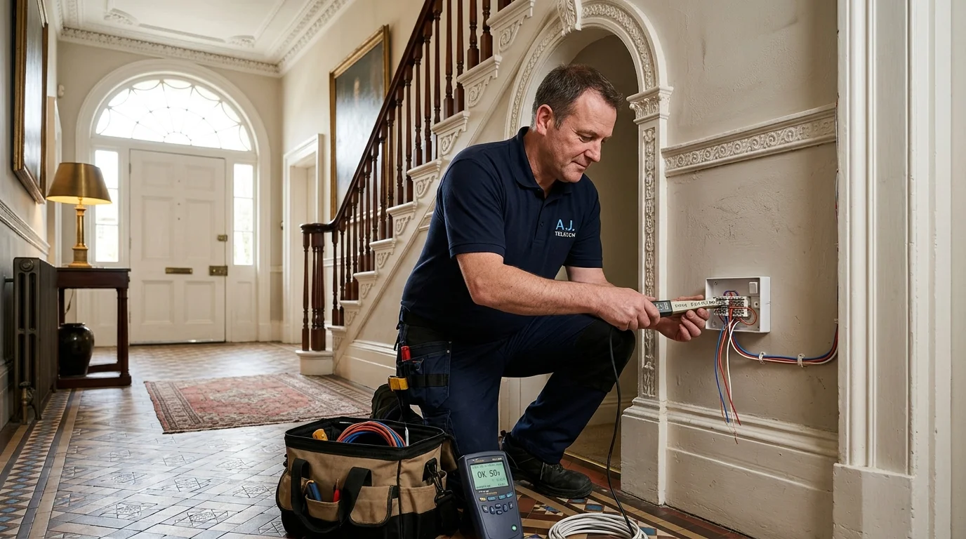 Independent Telephone Engineer installing discreet BT master socket in Georgian townhouse in Liverpool L8