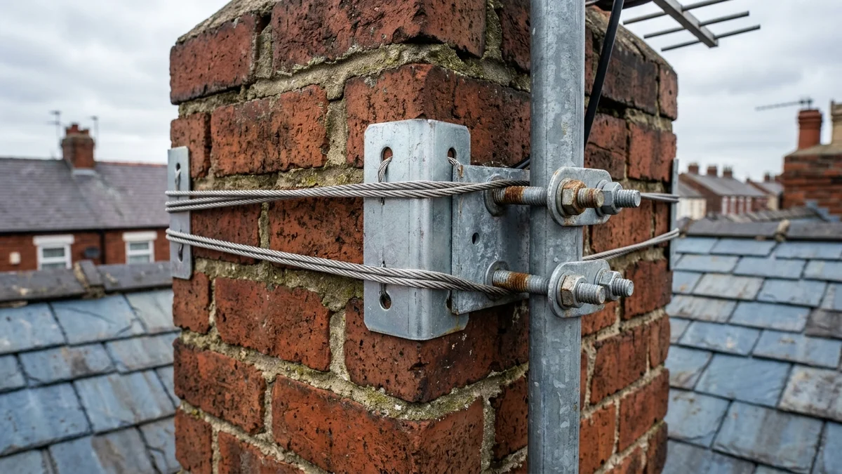 Heavy-duty storm-proof chimney aerial mount in Liverpool with double stainless steel lashing wire