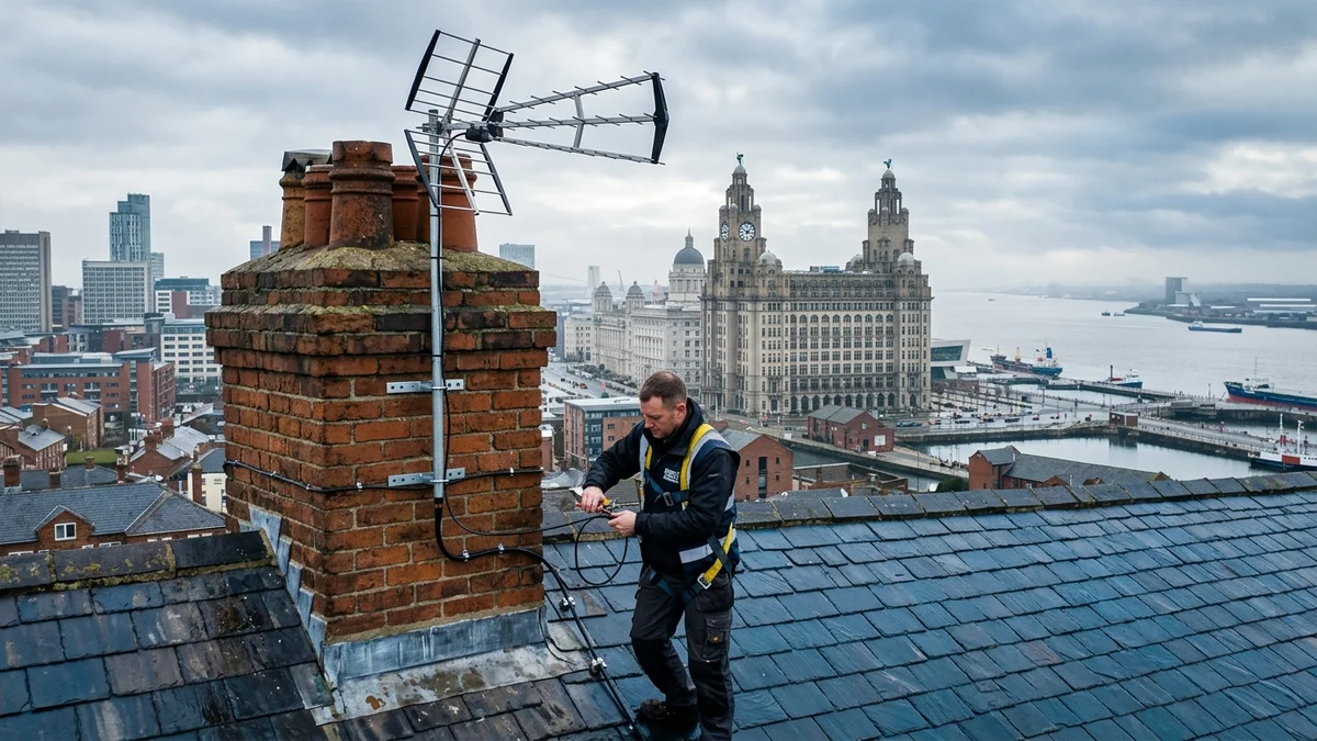 Professional digital TV aerial installation in Allerton on traditional British chimney stack with galvanized Pennine storm brackets