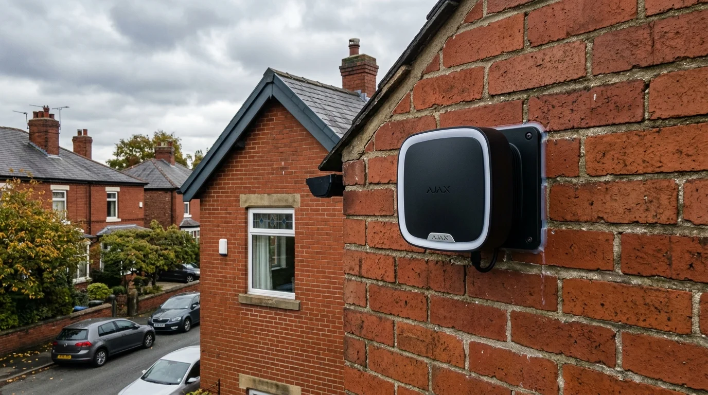 Ajax StreetSiren DoubleDeck wireless alarm mounted on red brick exterior of a detached home in Livesey Blackburn