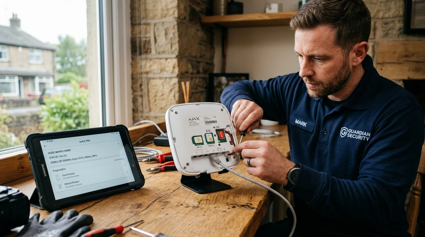 Security engineer configuring an Ajax Hub 2 Plus smart alarm panel with dual SIM cards and tablet diagnostics in Livesey