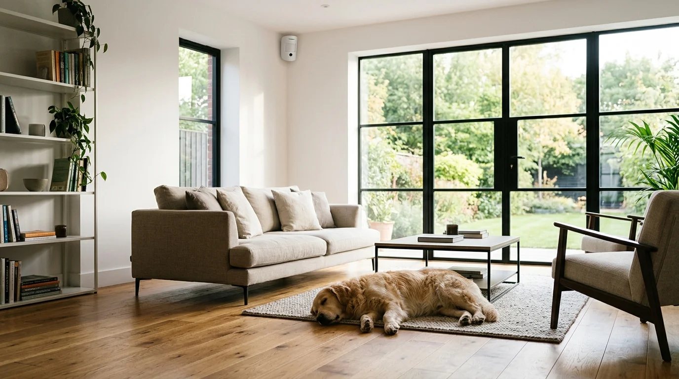 Ajax MotionCam detector mounted in living room corner with dog sleeping on rug demonstrating pet immunity in Livesey