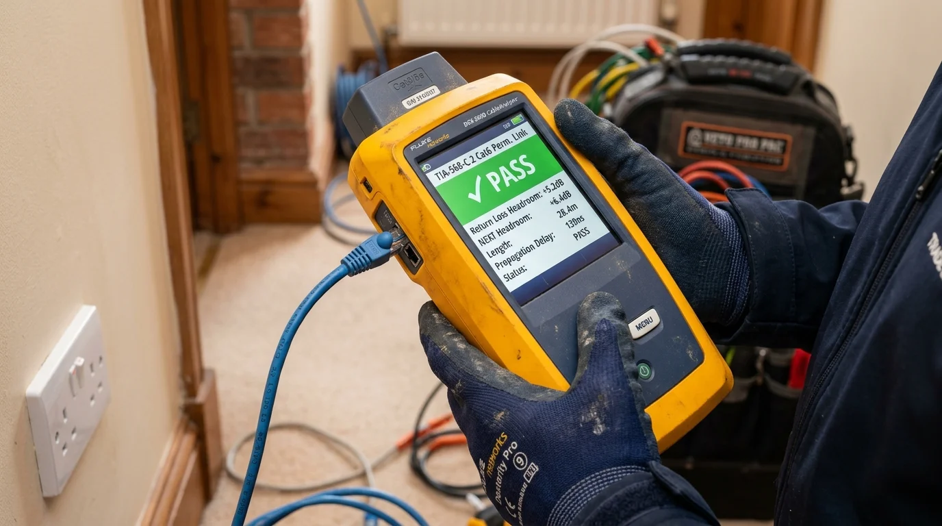 Fluke DSX CableAnalyzer showing Cat6 Permanent Link PASS with green checkmark in Livesey
