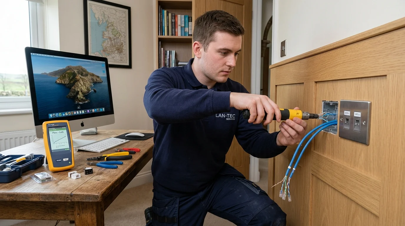 Data cabling engineer terminating Cat6 Ethernet data point into brushed steel faceplate in home study in Livesey Blackburn
