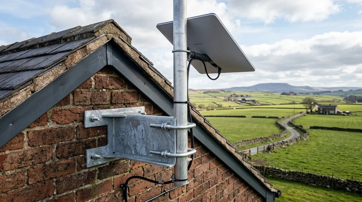 Heavy-duty galvanized Pennine storm mount supporting Starlink dish on brick gable in Gib Lane Livesey