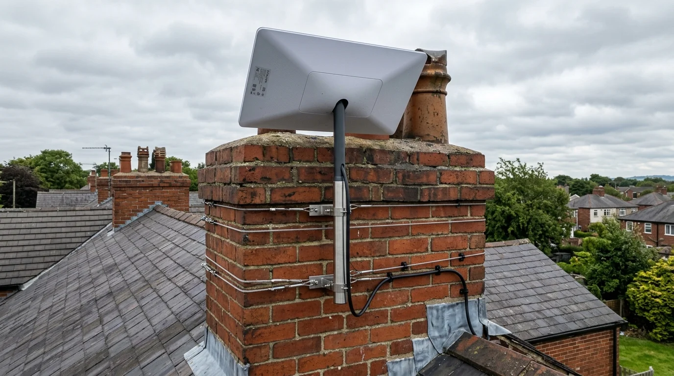 Rectangular SpaceX Starlink Gen 3 dish mounted on chimney with stainless steel lashing on Livesey Branch Road Blackburn