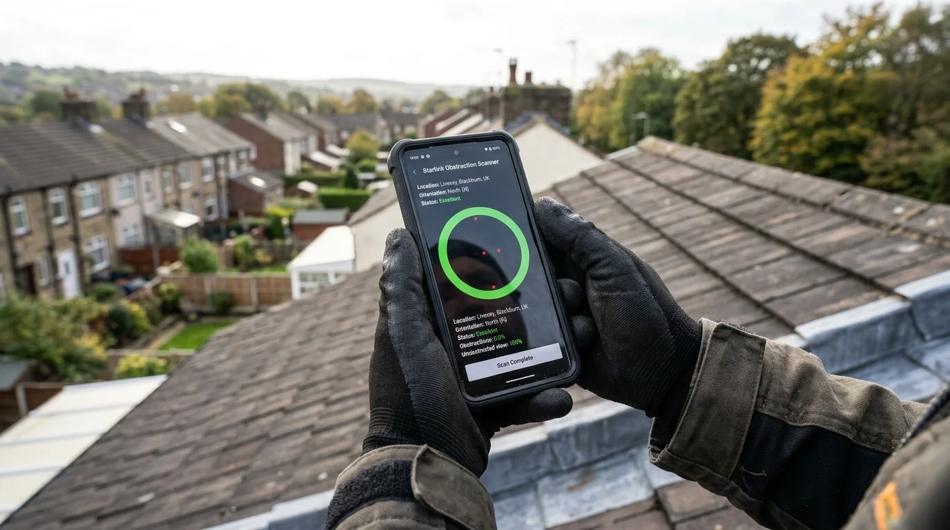 Starlink obstruction scanner on smartphone showing 100% clear view on Livesey roof