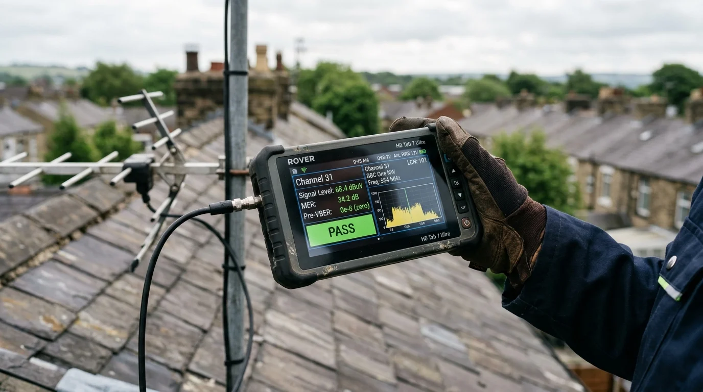 Rover digital TV signal meter displaying DVB-T2 pass metrics Channel 31 on roof in Livesey Blackburn