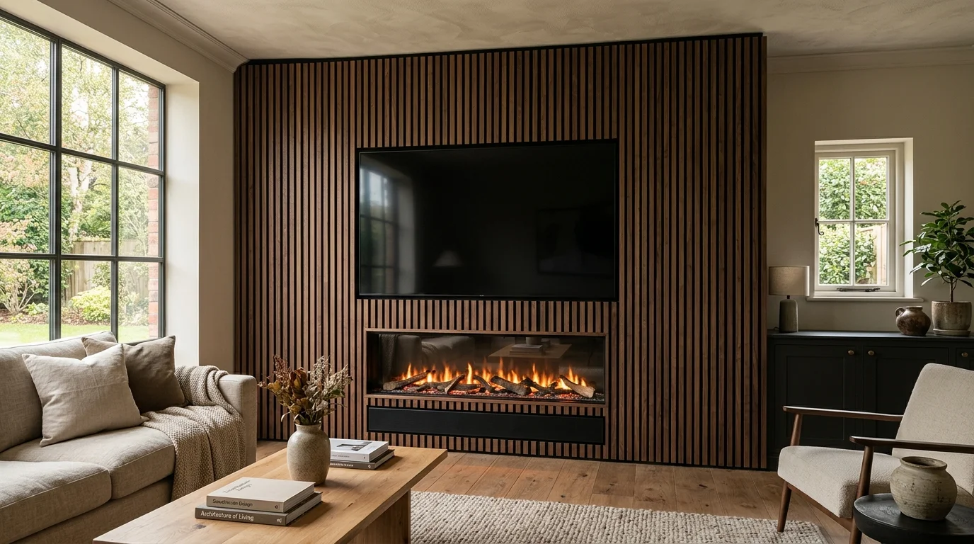 Bespoke acoustic wood slat media wall with flush OLED TV and recessed fireplace in Livesey executive home