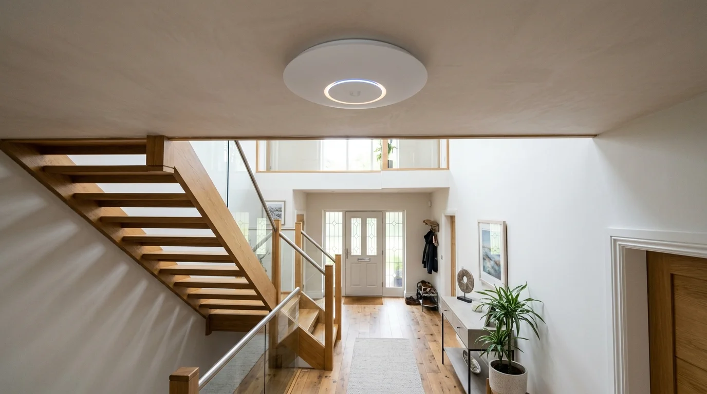 Ubiquiti UniFi U6-Pro access point neatly mounted on ceiling in executive hallway in Gib Lane Livesey Blackburn