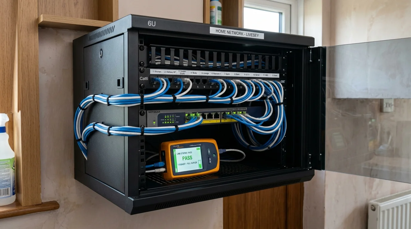 6U home network rack with Gigabit PoE switch, patch panel, and Fluke tester displaying link pass in Livesey home