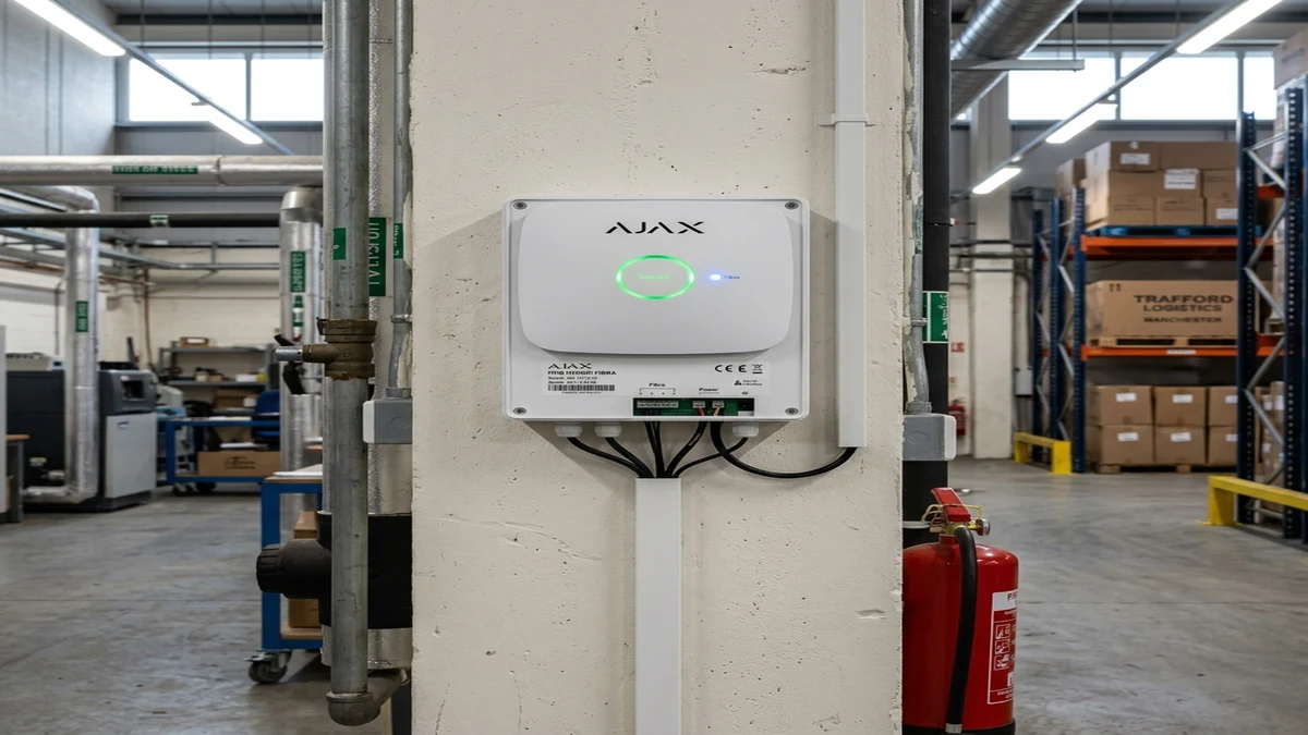 Commercial communications rack housing Ajax Hub Hybrid with neatly laced 4-core bus lines in Manchester