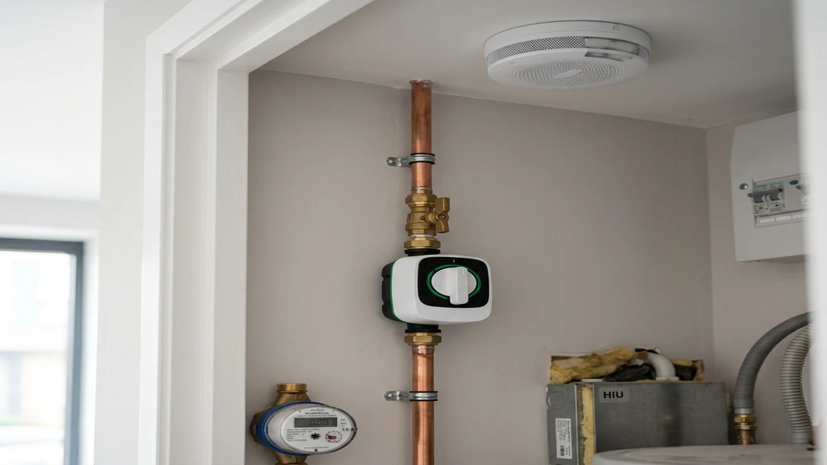 Ajax FireProtect 2 ceiling smoke detector and WaterStop electric smart shutoff valve installed cleanly on copper plumbing in a Manchester home