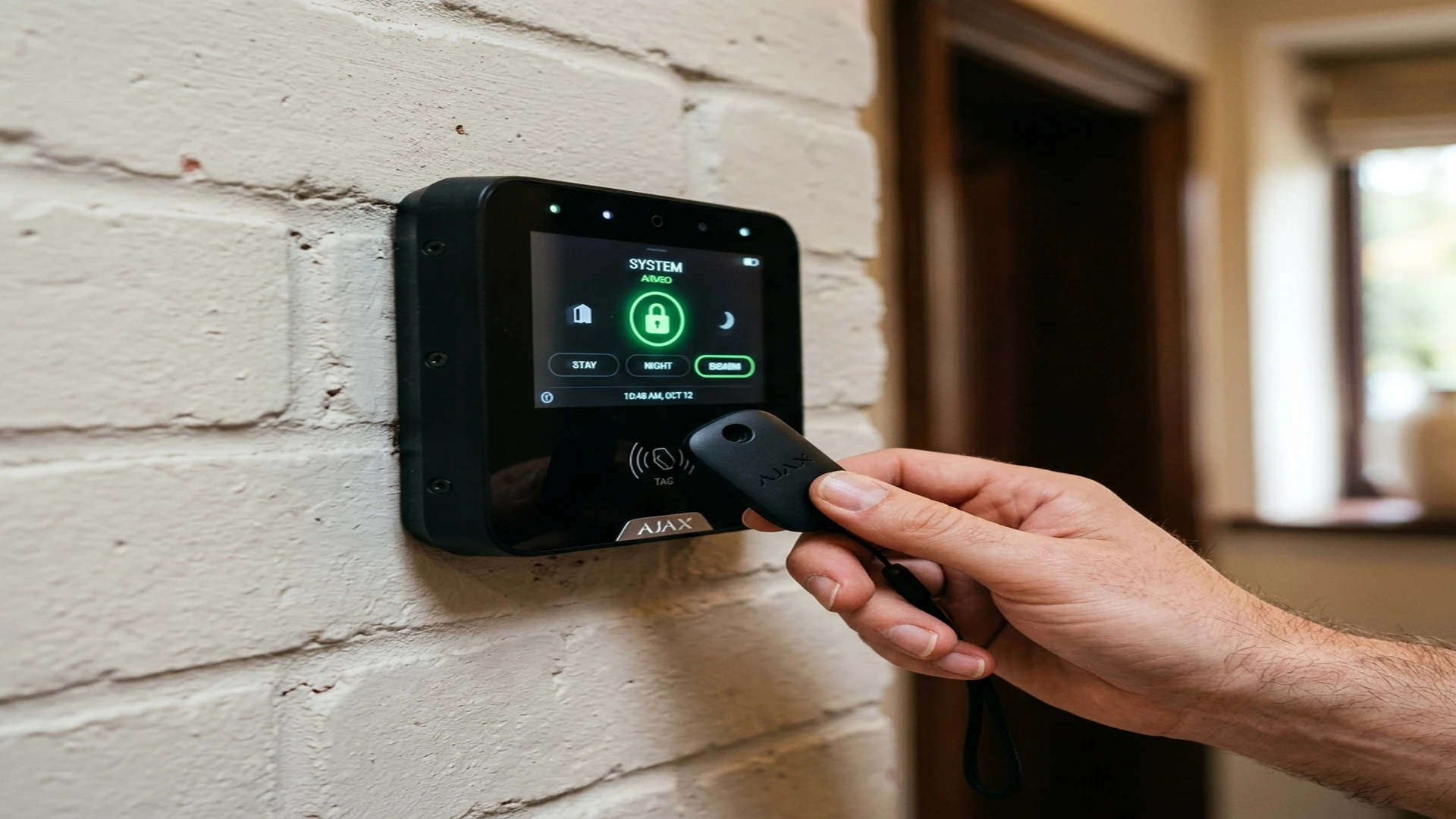 Ajax MotionCam Outdoor wireless detector mounted on weathered Greater Manchester red brick exterior wall in Manchester