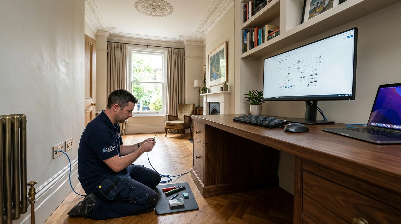 Domestic home network cabling with clean flush-mounted Ethernet wall sockets in a Manchester home
