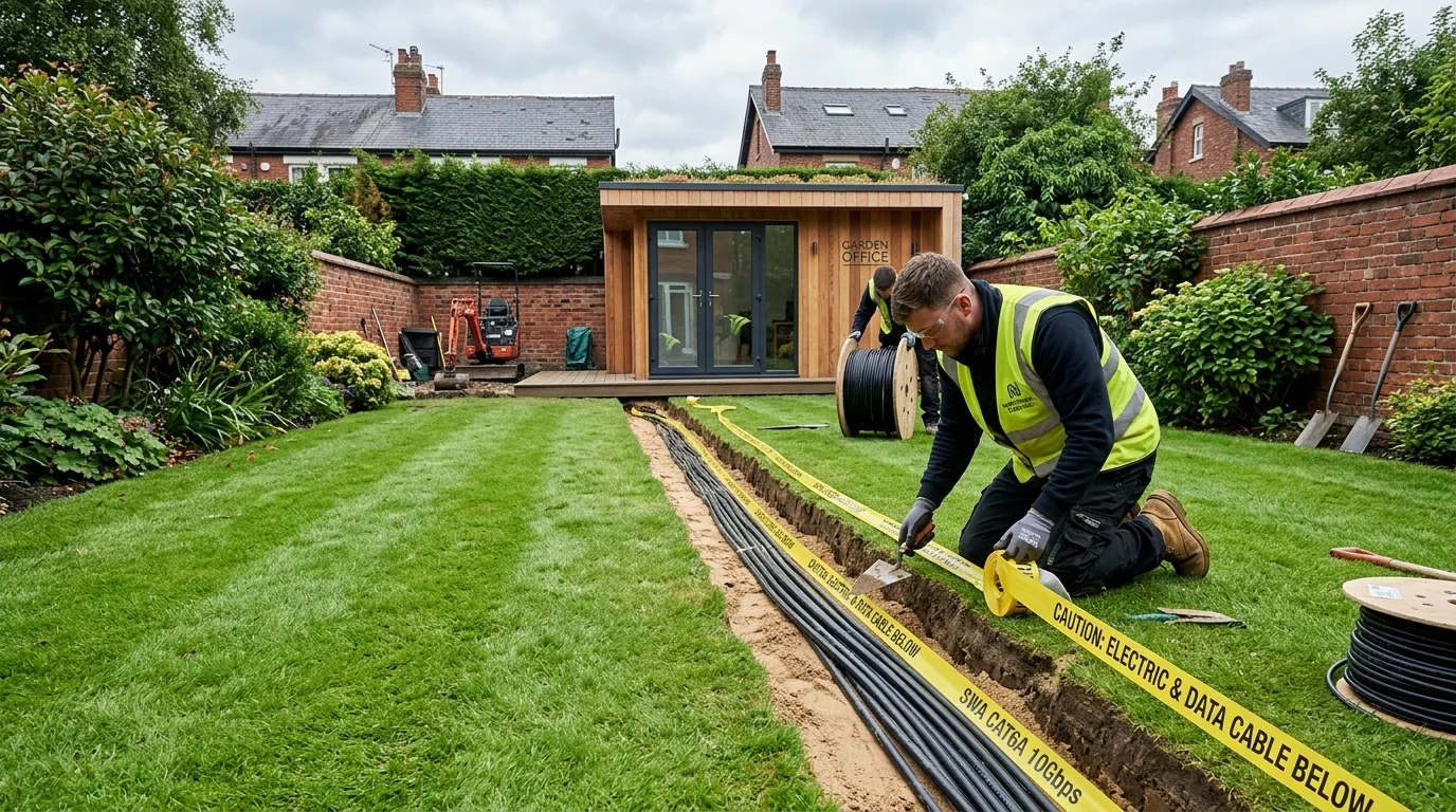 Armoured network cable trenching to garden office in Manchester