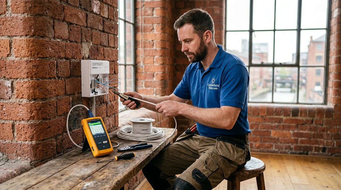Independent Telephone Engineer working on Openreach NTE5C master socket in Castlefield Manchester