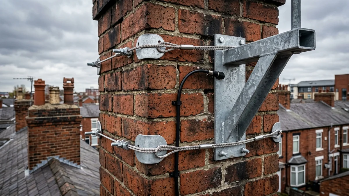 Heavy-duty storm-proof chimney aerial mount in Manchester with double stainless steel lashing wire