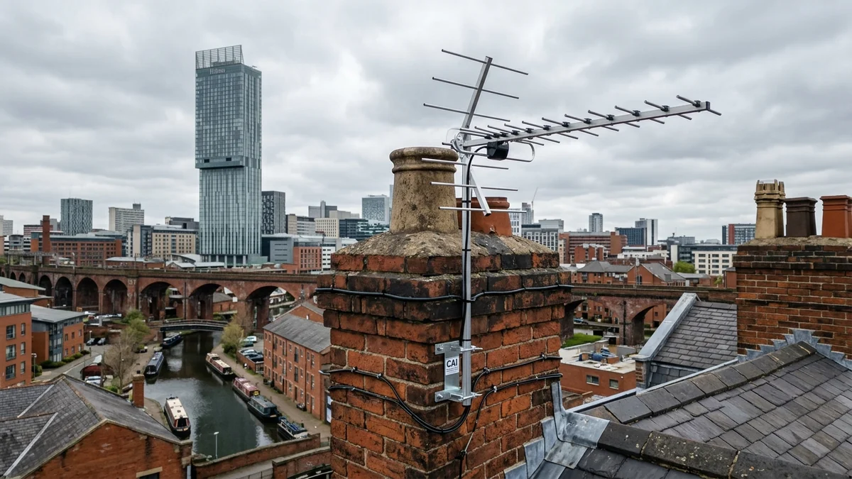 Professional digital TV aerial installation in Crumpsall on traditional British chimney stack with galvanized Pennine storm brackets