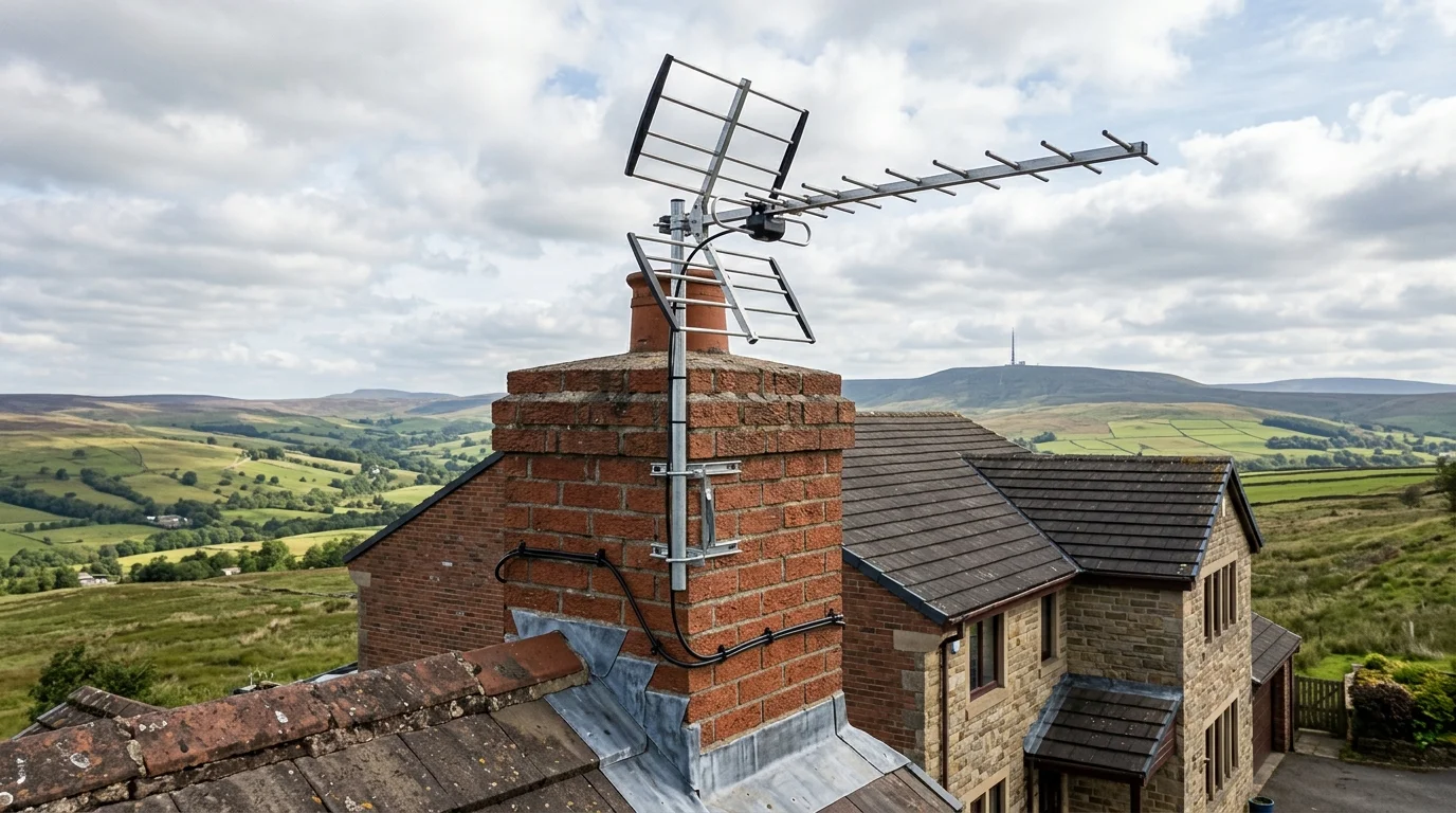 Digital TV aerial installation on a stone cottage chimney in Mellor BB2