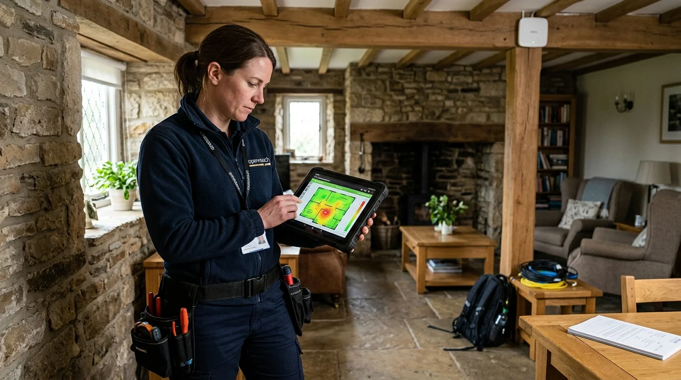 Gary Pearce conducting digital RF WiFi heatmap spectrum survey with handheld meter in West Yorkshire stone property