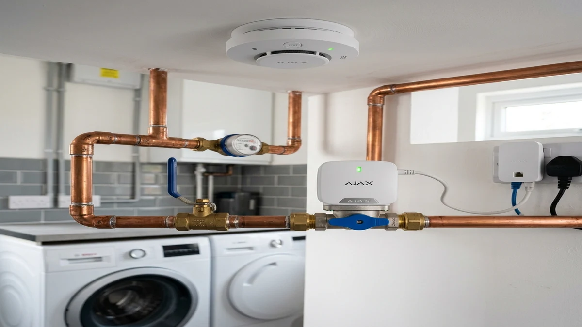 Ajax FireProtect 2 ceiling smoke detector and WaterStop electric smart shutoff valve installed cleanly on copper plumbing in a Middlesbrough home