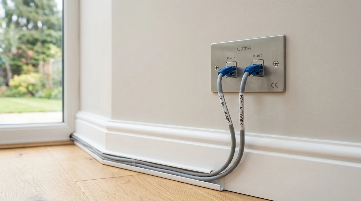 Domestic home network cabling with clean flush-mounted Ethernet wall sockets in a Middlesbrough home