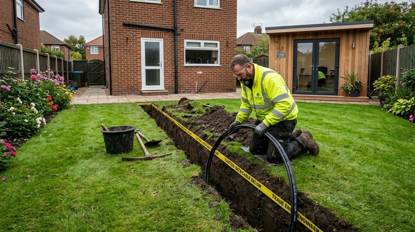 Armoured network cable trenching to garden office in Middlesbrough